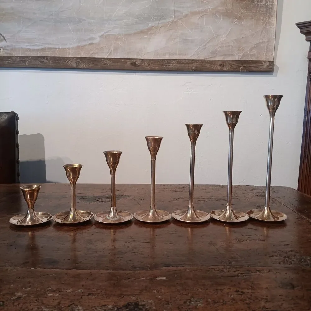 VTG 70-80's Lightweight Brass Candlesticks 7 Pce Graduated Tulip Mid Century MCM